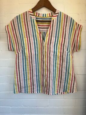 Boden Evie 100% Linen Rainbow Stripe Notch V-Neck Short Sleeve Top Women’s 6P